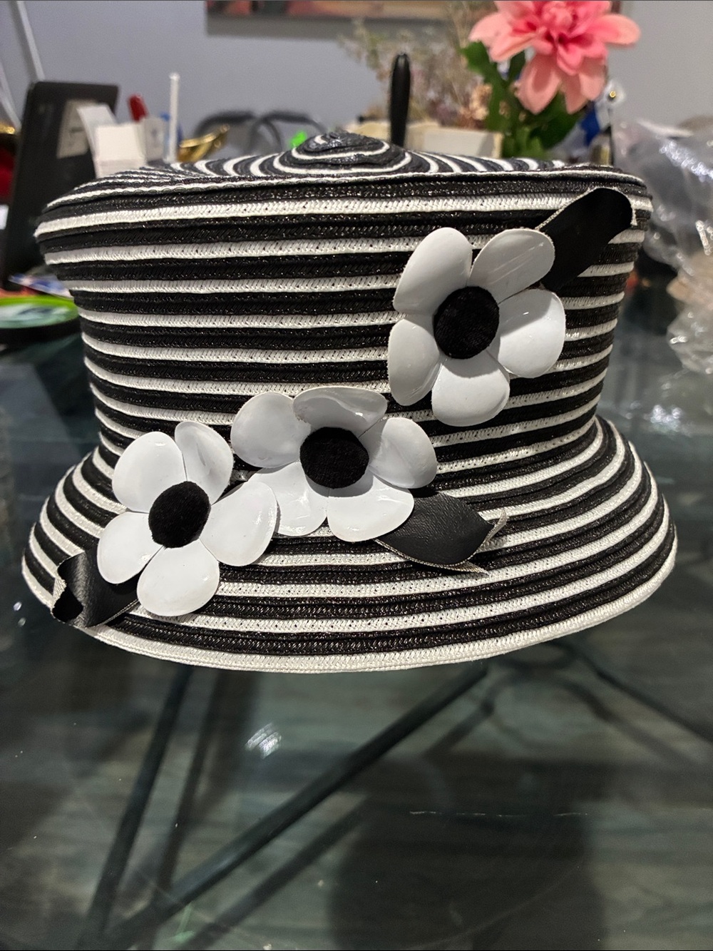 Finesse Black & White Striped Floral Trim Hat